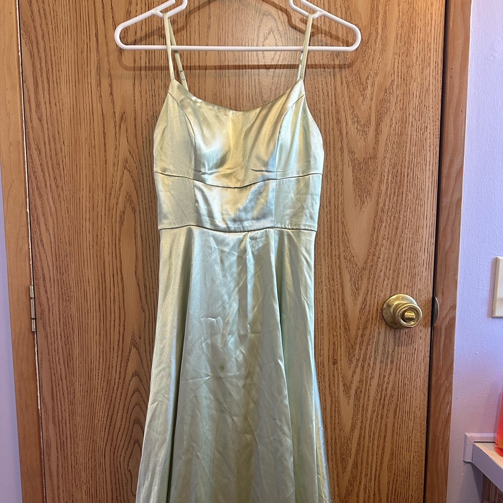 Shiny light green Prom dress with leg slit